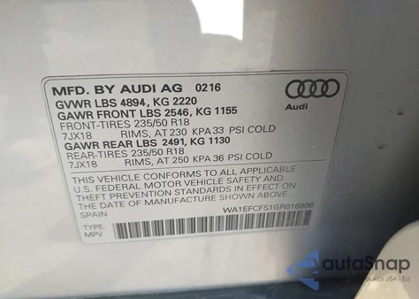 2016 Audi Q3 2.0T Premium Plus from USA, damaged, VIN WA1EFCFS1GR016996